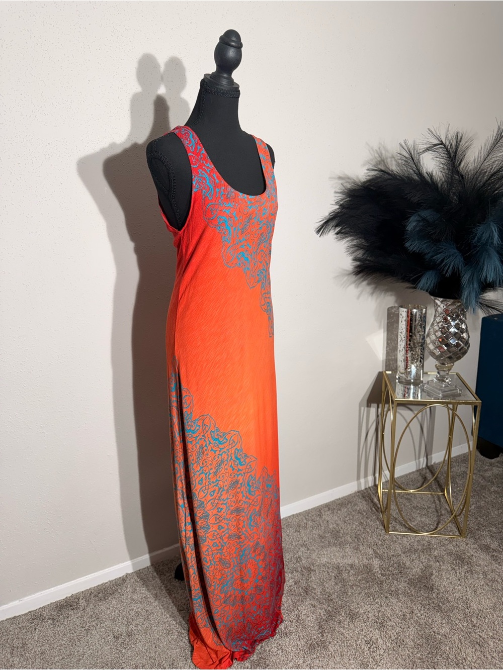 Tommy Bahama Maxi Dress Orange Teal Paisley Print Sleeveless Resort Wear Size L. - Picture 2 of 12